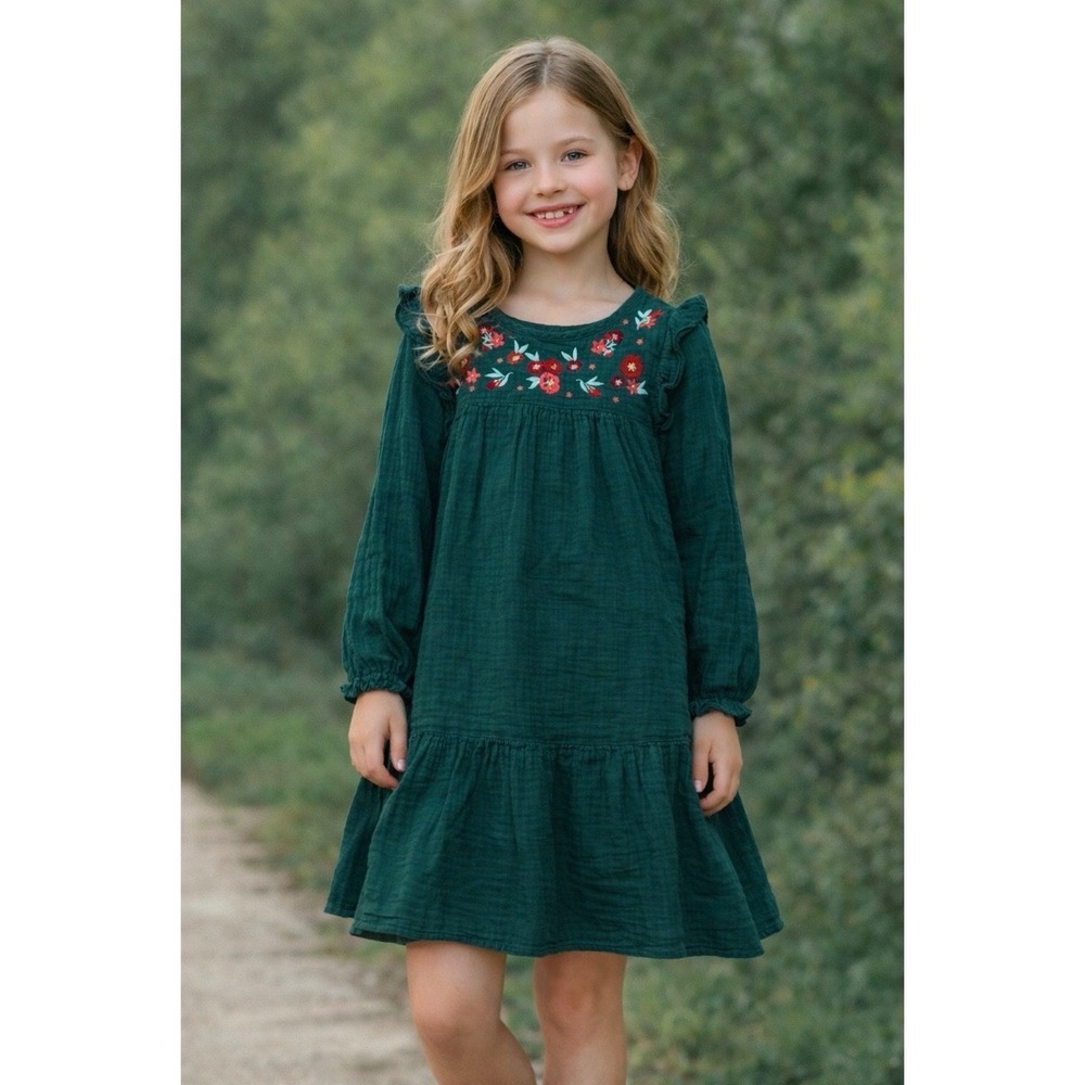 Cat & Jack Girls Green Gauze Floral Embroidered Long Sleeve Dress Size S 6/7
